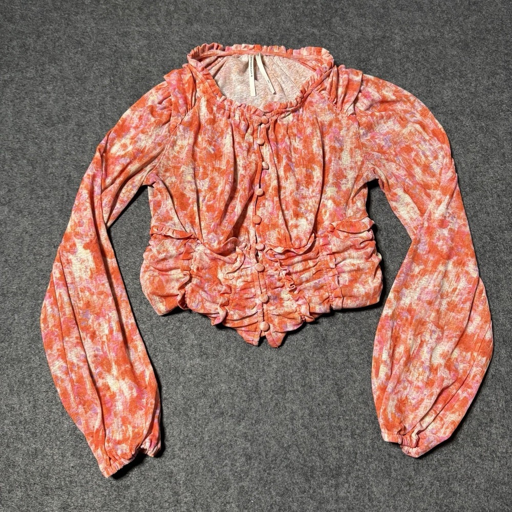 Anthropologie‎ Ruched Floral Longsleeve Top Buttons Size XXS Boho City Stretch